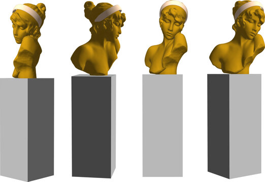 Isometric 3D model illustration of a classical Greek goddess female bust statue on a grey pedestal shown from four perspective angles