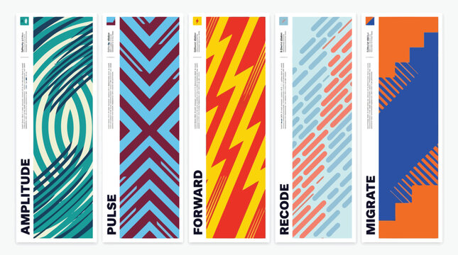 Abstract geometric banner set with colorful patterns, modern vertical posters with dynamic shapes, vibrant graphic design templates for web and print
