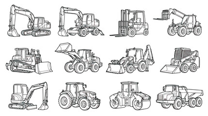 Obraz premium Heavy construction machinery line art set, 12 industrial vehicle vector icons, hand drawn excavator and bulldozer equipment for coloring books