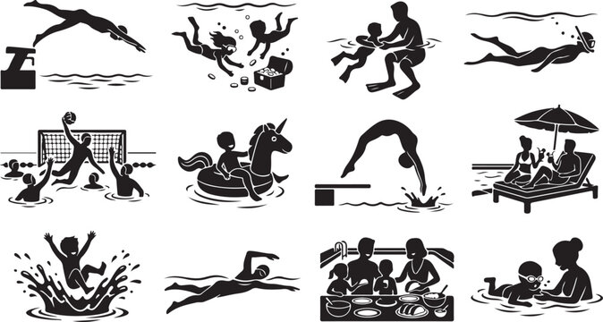 Family Outdoor Adventure Silhouette Icon Collection with Exercise and Healthy Lifestyle