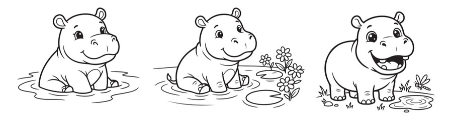 Fototapeta premium Cute baby hippo coloring page set, three cartoon hippopotamus character illustrations, black and white line art vector for kids activity books