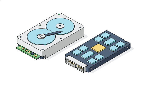 Comparison of mechanical hard disk drive and modern solid state drive in isometric technical vector illustration.
