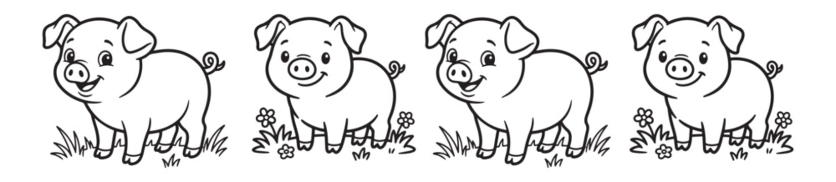 Cute pig coloring page vector set, four cartoon piglets in a row, black and white line art of farm animals for children activity books