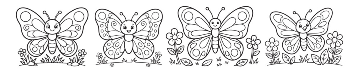 Obraz premium Cute butterfly coloring page set, cartoon insect line art for kids, 4 butterfly vector illustrations with flowers, educational activity sheet