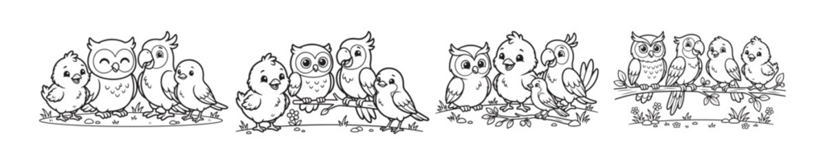 Fototapeta premium Cute cartoon birds coloring page set, adorable owl and parrot line art illustrations, 4 sets of friendly bird characters for kids activity books