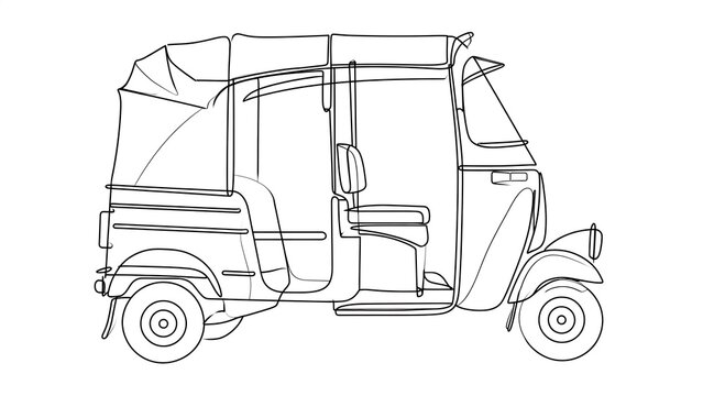 Auto rickshaw line drawing on white background.