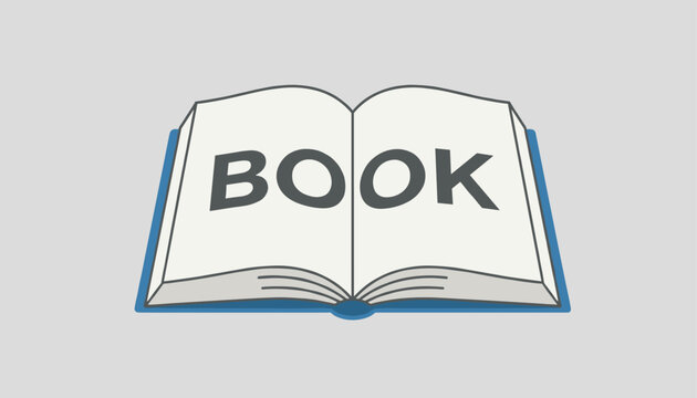 Open book with the English word book printed across its white pages is shown on a light gray background.