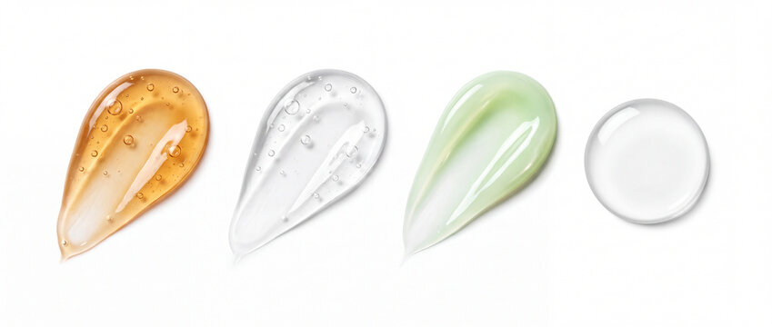 Cosmetic gel smears and serum drop in a realistic render with transparent orange, clear, and green textures on a white background for beauty product advertising and skin care design