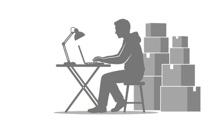 Fototapeta premium Gray, office worker, sitting, laptop, cardboard boxes, minimalist illustration, vector icon
