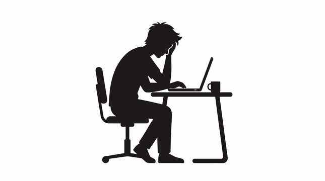 Silhouette of stressed businessperson, frustrated office worker, laptop user, desk silhouette