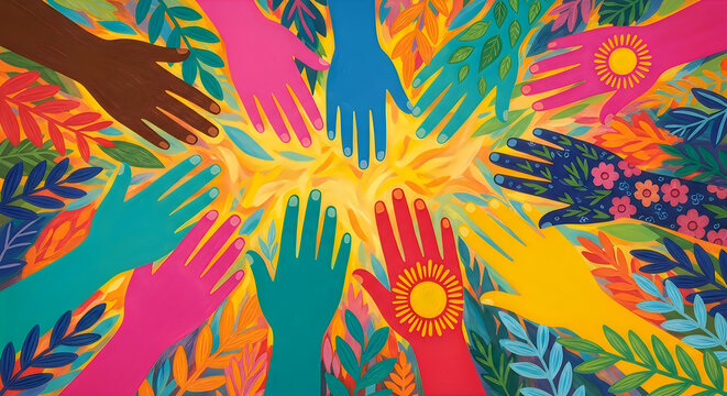 Hands Raised Together in Unity with Vibrant Paint Splash Background