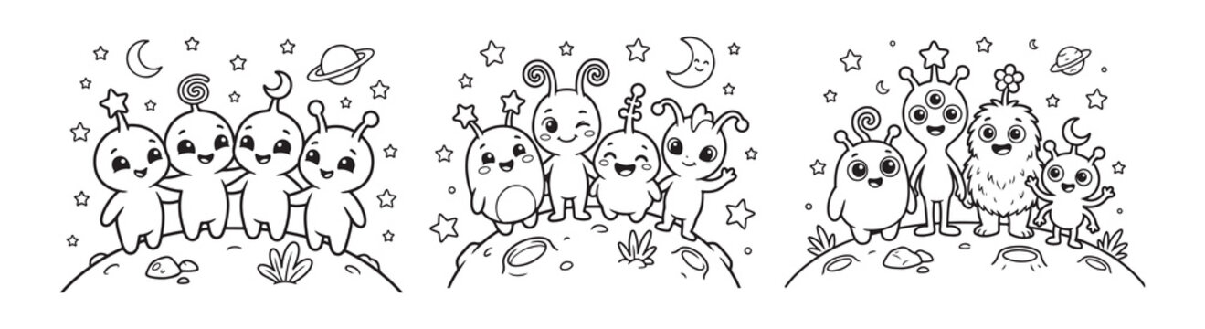 Kawaii alien coloring page set, cute space monster line art for kids, 3 cartoon extraterrestrial character scenes with stars and planets vector