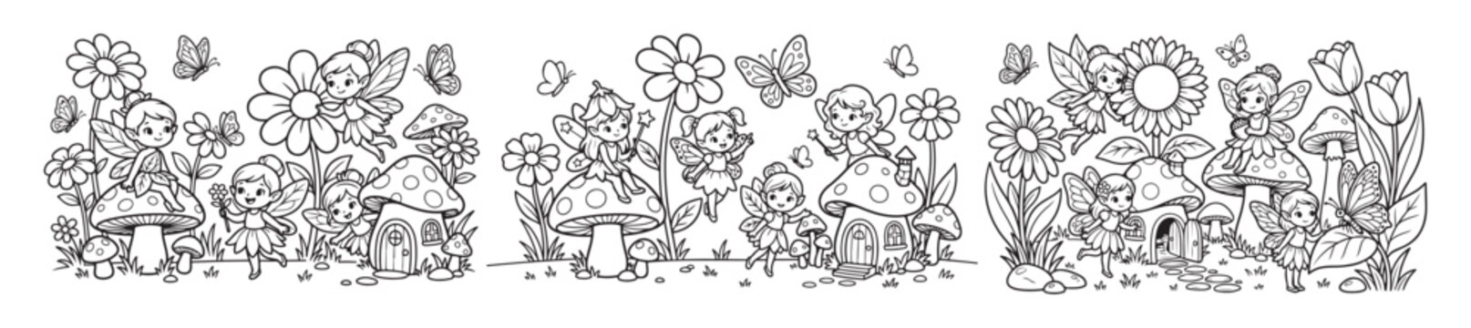 Enchanted fairy garden coloring page, whimsical forest line art with cute fairies and mushroom houses, magical floral landscape vector illustration