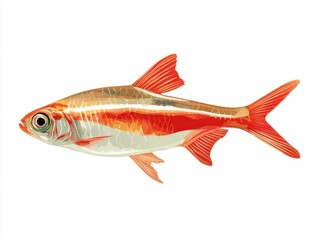Fototapeta premium Small Red Neon Tetra Tropical Freshwater Fish Swimming Isolated On A Plain White Background