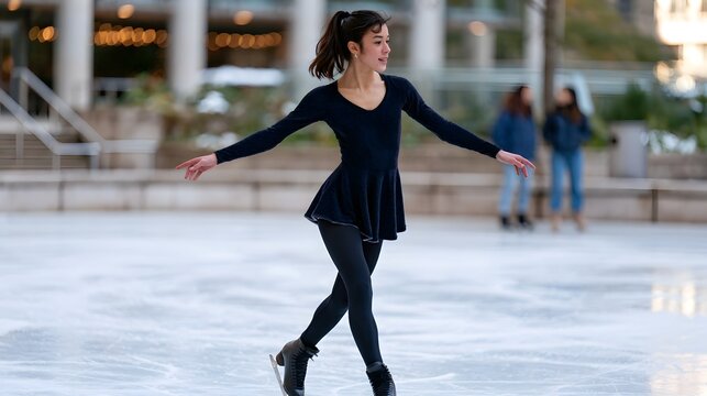 A young woman gracefully glides on ice skates across a smooth outdoor skating rink surrounded by architectural columns and blurred background figures