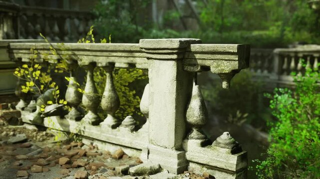 Sunlit mosscovered stone balustrade overgrown garden, weathered balusters framed by yellow flowers, cracked paving stones, soft background bokeh, serene