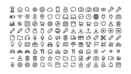 Fototapeta premium A large collection of various black line icons on a transparent background for graphic design and digital use many symbols and signs