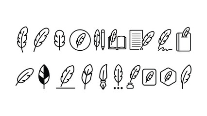 Collection of various feather icons and quill pen illustrations in black and white for design and editorial use online  feather symbols © CHANCHALA  SARKAR