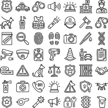 Police and law enforcement outline icon set for crime investigation with enforcement, investigation