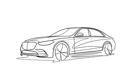 Fototapeta premium Luxury sedan line drawing white background.