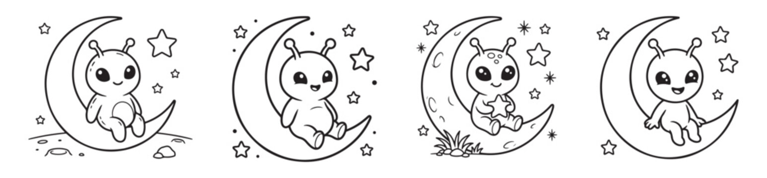 Cute alien coloring page set, cartoon extraterrestrial character sitting on crescent moon with stars, black and white vector line art for kids
