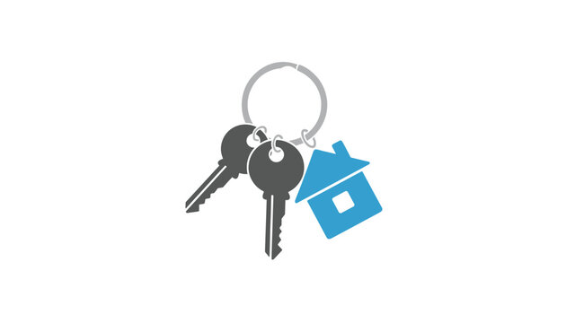 Silver key ring with two metal keys and a blue house-shaped keychain, isolated on white background for real estate concept.