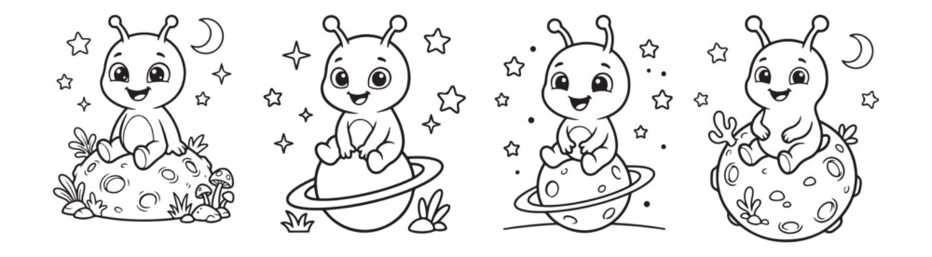 Cute alien coloring page set, 4 cartoon space monster illustrations for kids, black and white line art of baby extraterrestrial on planets and moon