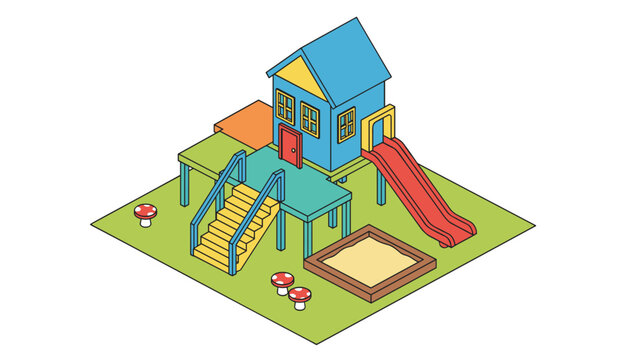 Children outdoor playground with a blue playhouse, red slide, sandbox, and decorative mushrooms, isometric vector design.