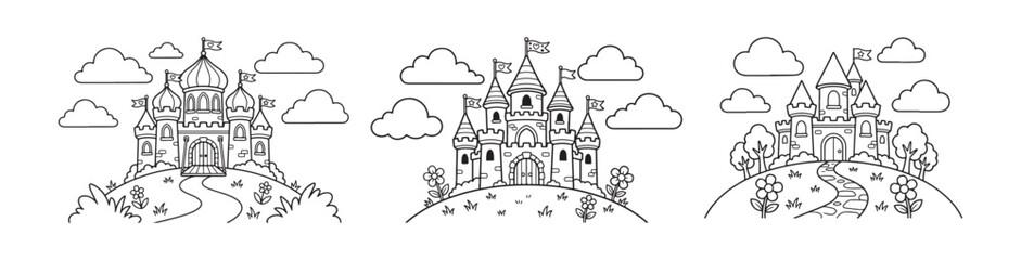 Fototapeta premium Fairytale castle coloring page set, 3 medieval fortress line art illustrations, fantasy palace vector outlines for kids activity books