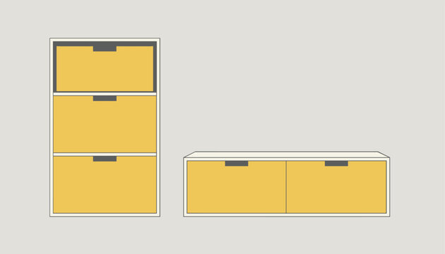Set of modern yellow office drawers in vertical and horizontal configurations, showing modular storage furniture.