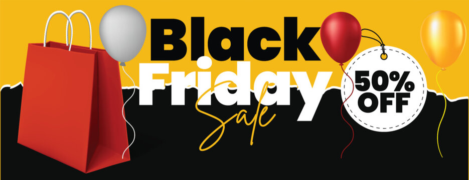 Black Friday Sale Banner Template Featuring Discount Offer Promotional Web Header Social Media Cover Layout With Modern 3D shopping bag, balloons Illustration For E Commerce Advertisement banner