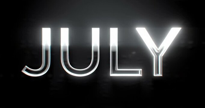Slow motion digital july word kinetic typography pack with a collection of 3 variants featuring sleek white text and a glowing white light transition overlay