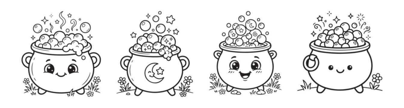 Kawaii Halloween cauldron coloring page set, cute witch pot line art with faces, 4 magic cauldron vector illustrations for kids activity