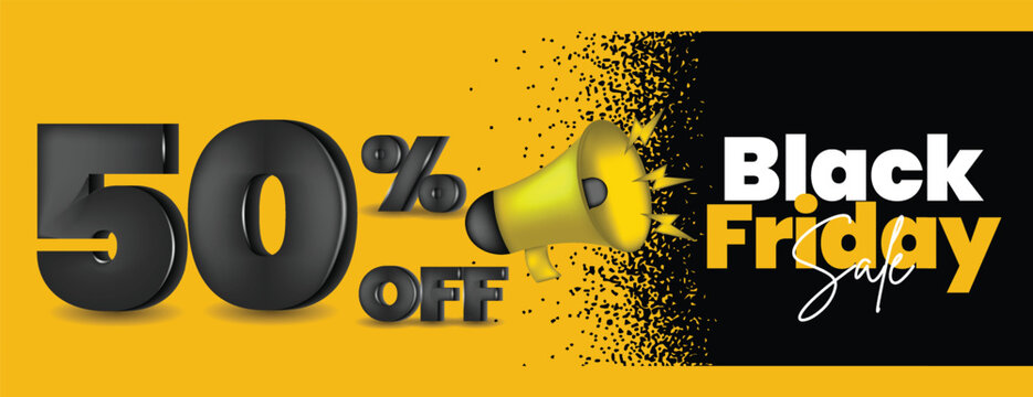 Black Friday Discount Banner Design With Editable Template Layout horizontal advertisement with megaphone and confetti effect, promotional offer for online retail and ecommerce marketing banners