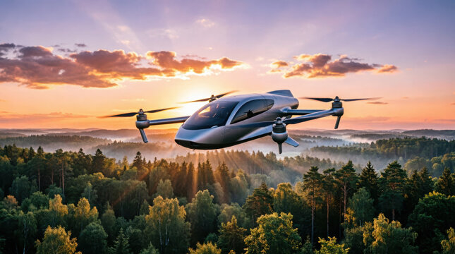 A vtol air taxi flies above the trees during sunset. The vtol air taxi showcases modern technology against a backdrop of lush forests and warm, colorful skies.
