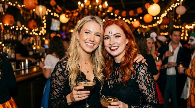 Two smiling women in black lace dresses holding cocktails at a halloween party