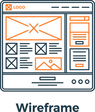 Website wireframe vector illustration, minimalist UI UX design layout, orange and black line art web page prototype for app development