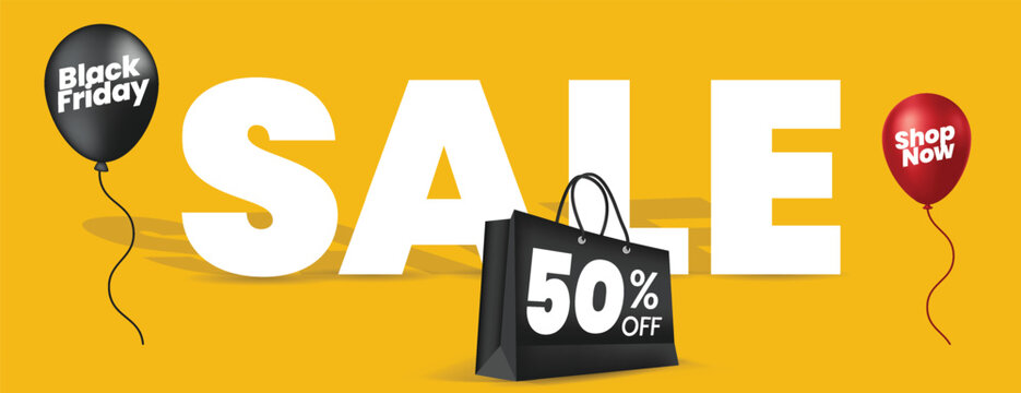 Black Friday Sale Banner Template for  Web Header Layout, Social Media Cover Design on bright yellow background with large typography, 3d shopping bag, balloons for online retail marketing promotion