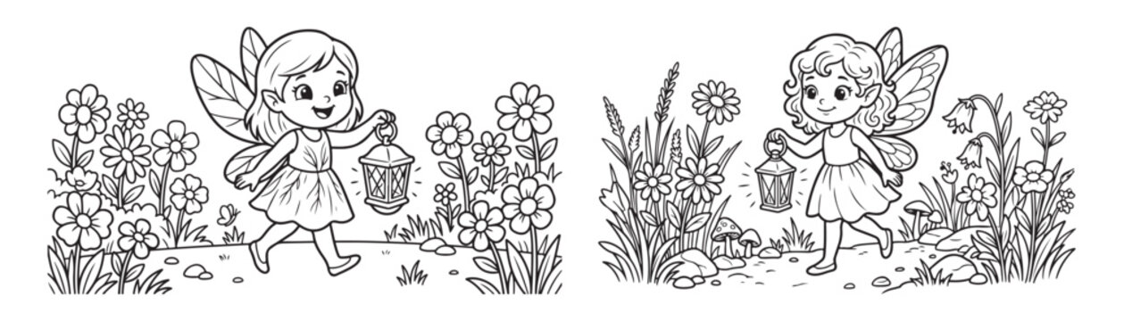 Cute fairy coloring page for kids, little forest fairies with lanterns in flower garden, black and white line art vector illustration for children