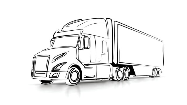 Semi truck line art illustration white background.