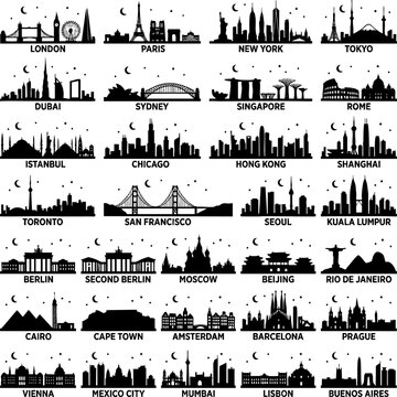 Set of world city skylines silhouettes with moon and stars night sky vector illustration, silhouette