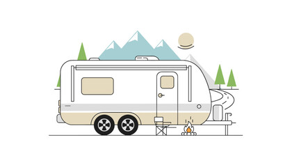Fototapeta premium White recreational vehicle caravan trailer parked next to a cozy campfire with mountain landscape in background.