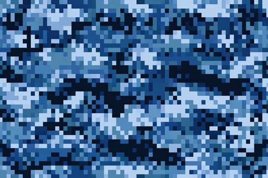 Blue digital camouflage pattern with dark and light pixelated blocks