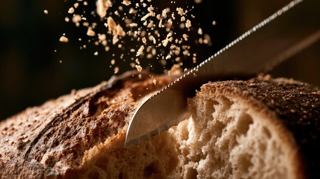 Blade slicing crusty bread, crumbs flying in mid-air
