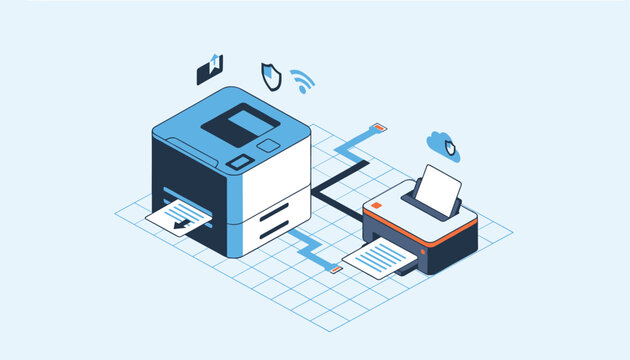 Modern isometric office printer and home printing device are connected via virtual network with cloud and security icons.