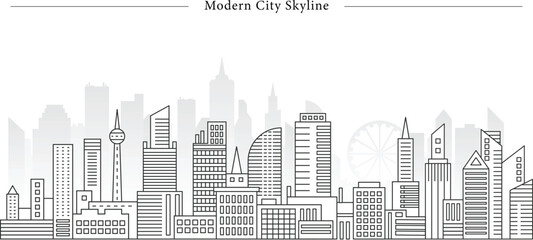 Obraz premium Modern City Skyline Clean Line Art Vector Banner of Urban Skyscrapers, Architectural Landmarks, and Layered Panoramic Cityscape for Corporate and Real Estate Design