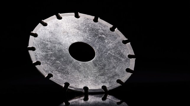 A thin, circular metal disc with evenly spaced notches, on a dark background