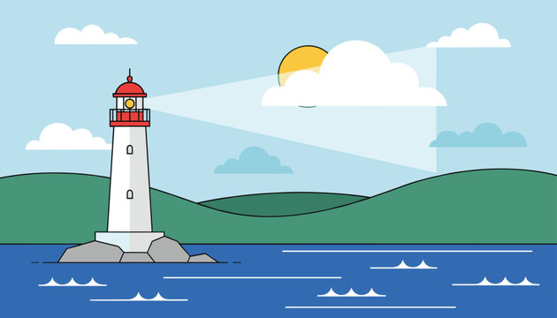 Picturesque white lighthouse with a red dome stands on a rocky island, casting a bright beam of light over the blue sea.