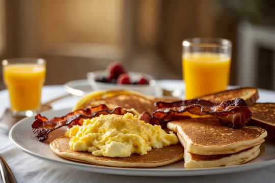 American traditional breakfast brunch scrambled eggs, bacon, vegetable and sausage AI Generative