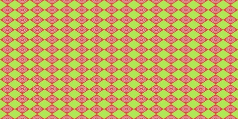 Seamless geometric diamond pattern with floral motifs in red and lime green. © Mr. Han Han